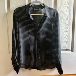 New York & Company Womens Sheer Blouse, Black w/ White Pinstripes, Size Medium
